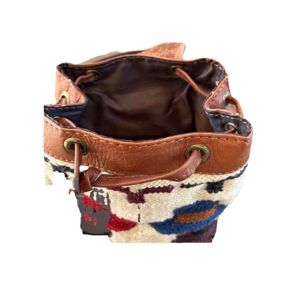 Leather &Woven Woolen Textile Small Backpack Crossbody Bag — Brown, Boho Vintago - Picture 9 of 14